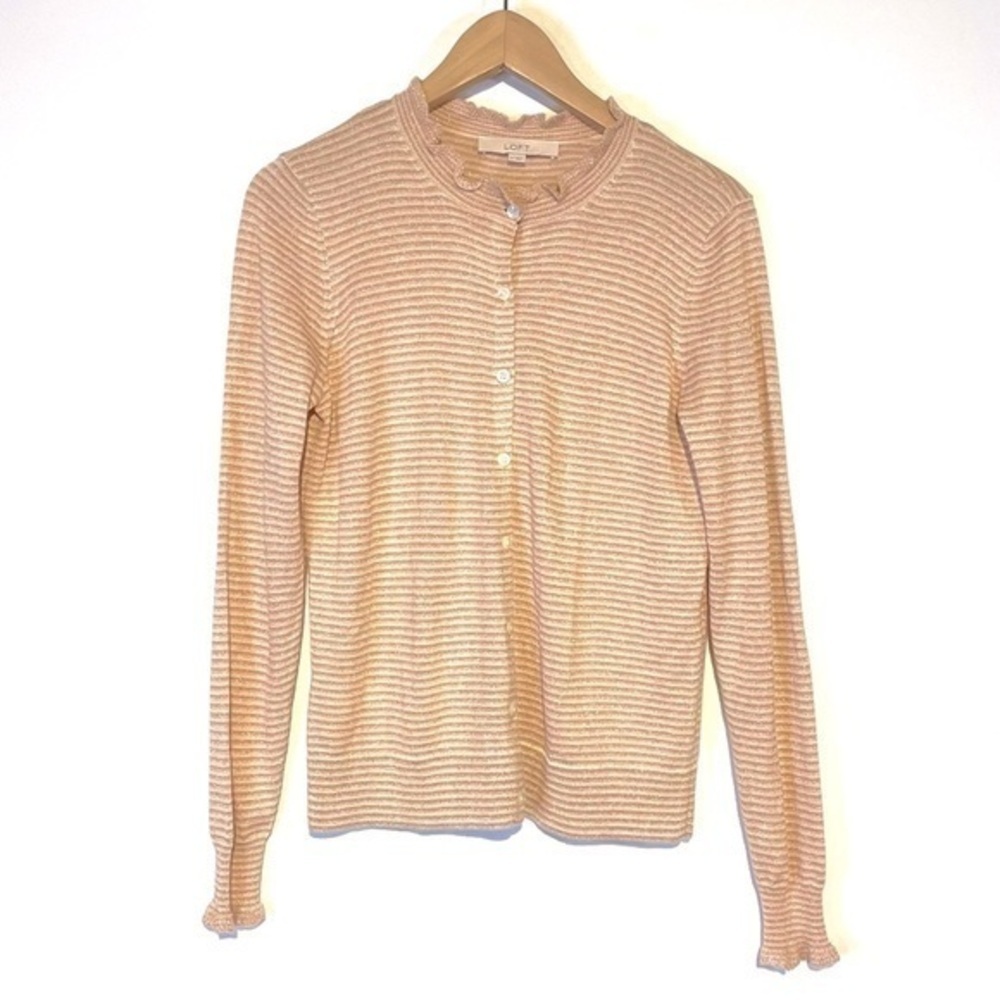 Ann Taylor Loft Striped Metallic Button Up Cardigan Sweater Blush Pink Medium